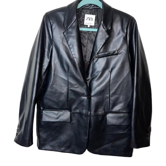 Zara Jackets & Blazers - Zara Womens Faux Leather Blazer Black Size Medium Menswear Style Vegan Pockets